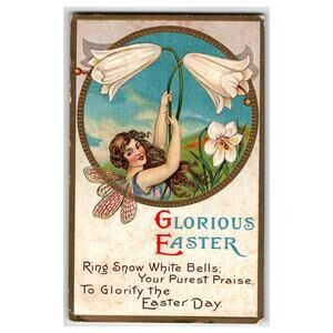 Vintage 1914 Easter Postcard Fairy Girl Lilies Poem Hillscra RI Posted